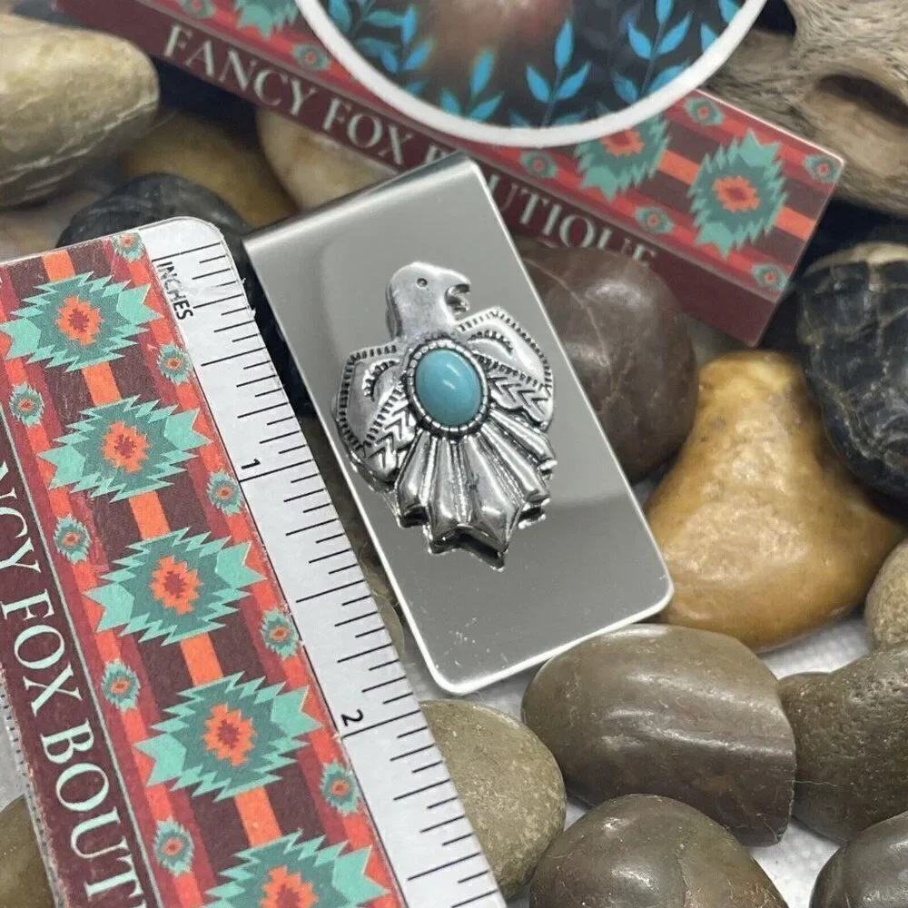 THUNDERBIRD Native American Money Clip Stainless Steel UNIQUE T-Bird Turquoise